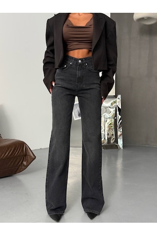 Herton Kadın Antrasit Yüksek Bel Wide Leg Jean Pantolon - %100 Pamuk Denim Gri