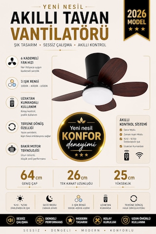 Yeni Nesil Tavan Vantilatörü 64 Cm Toplam Çap 6 Kademeli, 3 Işık Renkli, Kumandalı, Sessiz Fan Tavana Vidalı Montaj Avize
