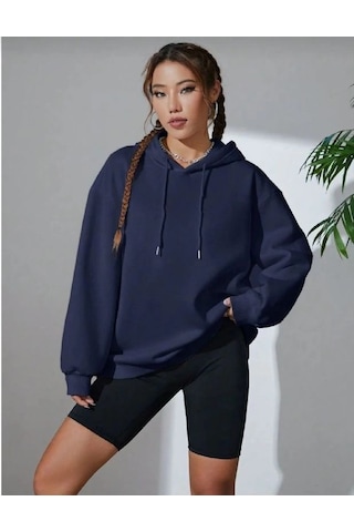 Mbb E-ticaret Kadın Kapüşonlu Kanguru Cepli 3 İplik Pamuklu Oversize Hoodie Sweatshirt - Lacivert