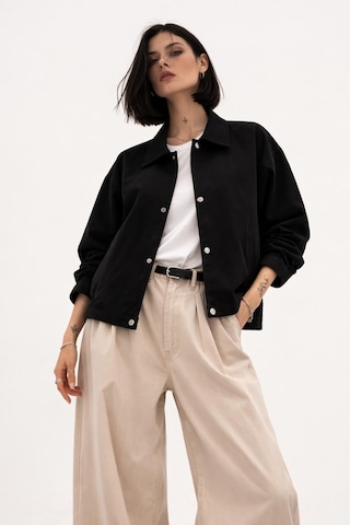 Kadın Oversize Basic Gabardin Mevsimlik Polo Yaka Ceket-385 Siyah