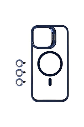 Apple Uyumlu iPhone 15 Pro Max Kılıf M-safe Şarj Özellikli Standlı Zore M-safe Klon Lensli Kapak Lacivert