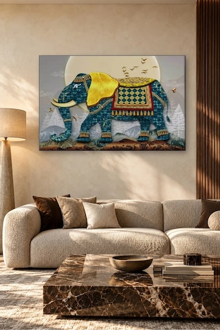 Fida Altın Örtülü Desenli Mavi Fil Canvas Tablo Çok Renkli