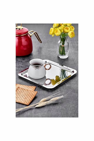 2 Adet Lüx Kare Paslanmaz Çelik Gümüş Renk 21x21cm Kahve Servis Sunum Tepsisi & Tabağı Gri - Gümüş