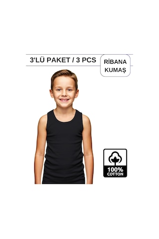 Alya Underwear Erkek Çocuk Pamuk Ribana Atlet Oval Yaka 3'lü Paket Siyah-t10