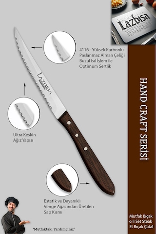 Lazbisa Mtf-058 Hand Craft Serisi Setak Et Bıçağı 6 Lı Mutfak Bıçak Restoran Et Steak Bıçak Ahşap