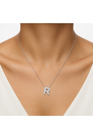Zirkon Taşlı Gümüş Kaplamalı R Harfi Gümüş Kolye Gold - Rose Gold - Gümüş