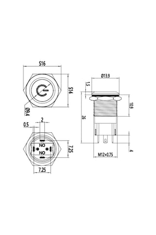 12A-P1Z-C 12Mm Düz Anahtarlı Işıklı Power Metal Buton - Kırmızı