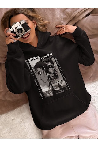 Sevbano Vintage Eren Yeager Baskılı Unisex Oversize Attack On Titan Anime Siyah