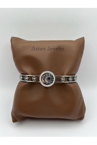 Arnes Jewelry Çelik Silver Zirkon Taşlı Kelepçe Bileklik Ar19 Silver
