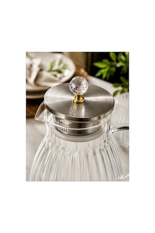 Büyük Boy Borosilikat Tasarım Cam Sürahi,1800 Ml,metal Süzgeç Kapaklı,su,limonata,detoks,çay Sürahisi-taşlı Model