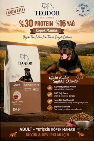 Teodor Kuzu Etli Büyük Irk Yetişkin Köpekler İçin 15 Kg %30 Protein %16 Yağ İçeren Köpek Maması