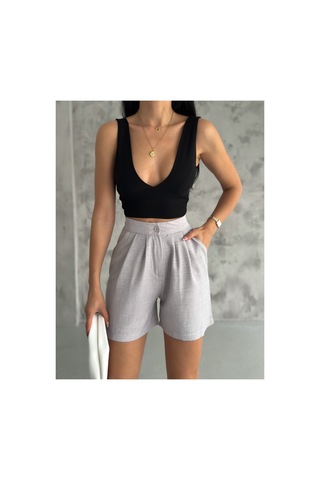 Winmoda34 Kadın Trend Keten Şort 2 Cep Gri