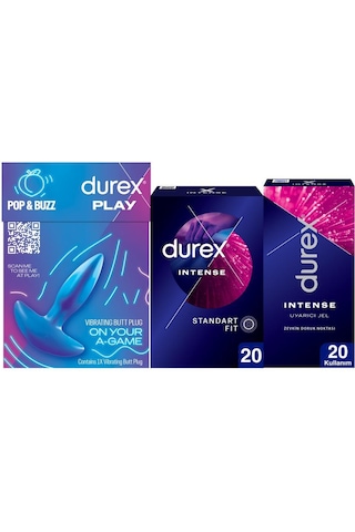 Durex Titreşimli Anal Plug Tıkaç + Intense Uyarıcı Jelli Ve Tırtıklı Prezervatif 20'li + Intense Jel 10 ML