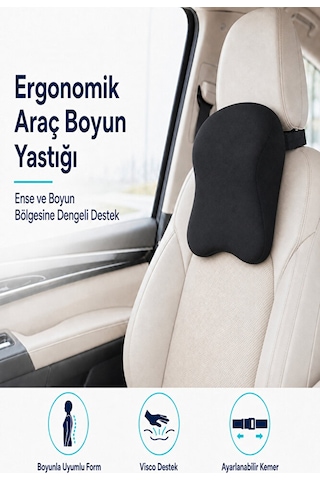 Araç Boyun Ve Ense Destek Yastığı Visco Dolgulu, Ayarlanabilir Kemerli