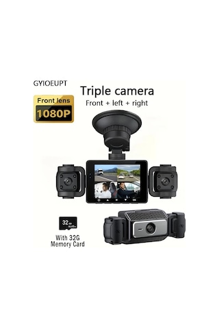 Xuweiwei Gyıoeupt 3 Kanallı Tachograph Black 3 Camera No Card Ön Lens 1080p Sol Sağ Lens 480p Gece Görüş Hdr G Sensor Geniş Açı Araç Kamerası