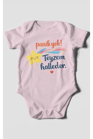Morivokids Panik Yok Teyzem Halleder Kısa Kollu Bebek Body %100 Pamuk Bebe Pembe