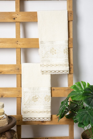 %100 Pamuk Güpürlü Çeyizlik 2'li Havlu 50x90 - Krem Krem