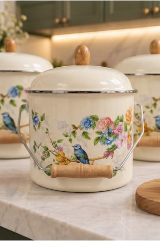 Kuş Desenli Emaye Bakraç Yoğurt Bakliyat Kabı Seti 24-26-28 Cm 95411 Kuşlu