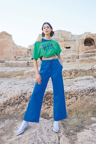 Monamise Kadın Kısa Kollu "never Give Up" 3'lü Crop Eşofman Takımı 23090-mavi Mavi