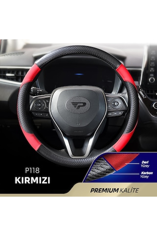 Panda Oto Direksiyon Kılıfı - Deri / Karbon-kırmızı