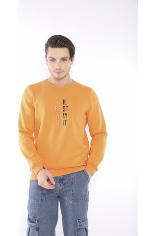 Escetic Erkek Spor Slimfit, Bisiklet Yaka Oranj Sweatshirt-4272