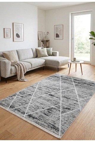 Classi Soft İnce Saten Bambu Halı Kaymaz Taban Yıkanabilir Modern Salon Mutfak Koridor Halısı Gri