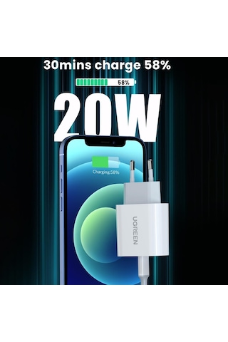 Ugreen 20W PD Şarj Cihazı ve Type-C to Lightning Apple Uyumlu iPhone Data Şarj Kablosu 1 Metre