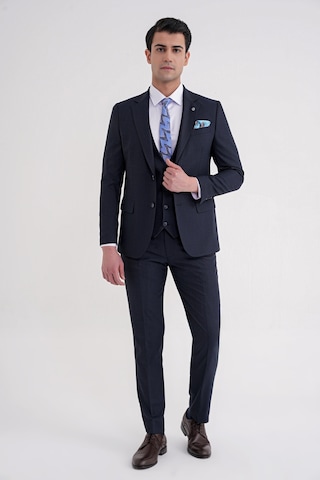 Efor Slim Fit Mono Yaka Çift Yırtmaç Armürlü Esnek Yünlü Lacivert Yelekli Klasik Takım Elbise Tk 933 Lacivert