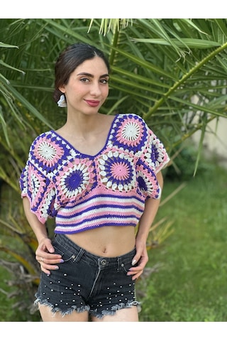 Gönülden Tasarım El Örgüsü Etnik Kadın Crop Bluz Mor