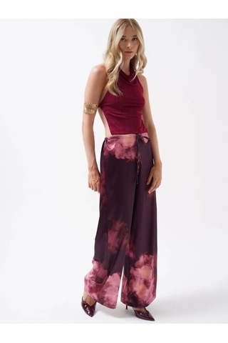 Defymoda Bel Lastikli Desenli Saten Pantolon Bordo