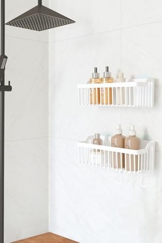 Banyor Yapışkanlı Banyo Rafı, 2'li Banyo Düzenleyici Organizer Duş Şampuanlık, Plastik Beyaz Açık Ahşap