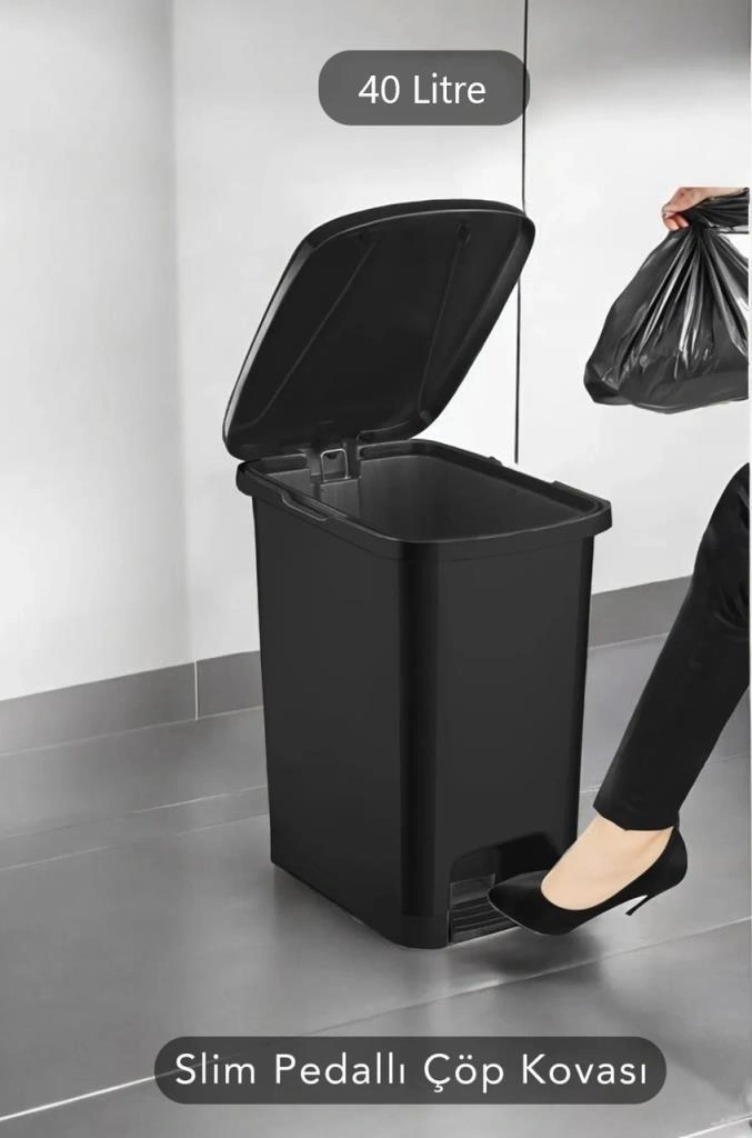 Omnipazar Srl-3030 Slim Pedallı Plastik Çöp Kovası İç Kovalı 40 Lt Siyah Siyah