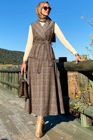 Rabia Şamlı Azize Etek Yelek Takım Kahverengi Çok Renkli