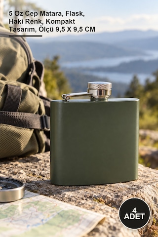 4 Adet Matara 5 Oz Cep Matara, Flask, Haki Renk, Kompakt Tasarım, Ölçü 9,5 X 9,5 Cm