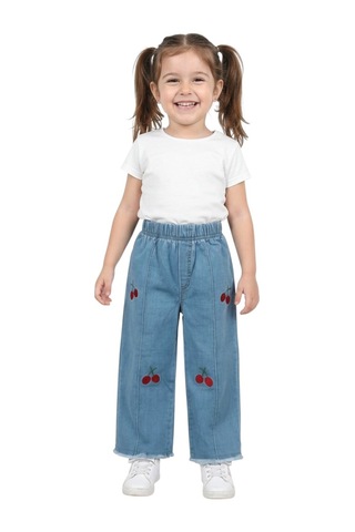 Erdem Kıds Kız Çocuk Pamuklu Beli Lastikli Jean Pantolon Günlük Rahat Kalıp Geniş Bol Paça Kot Pantolon Mavi Mavi