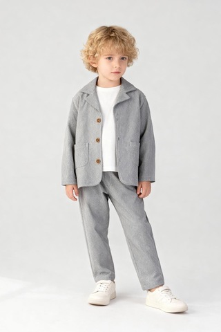 Erkek Çocuk Pamuklu Gri Klasik Ceket Takım - Blazer Ceket & Pantolon + 3'lü T-shirt Set Gri