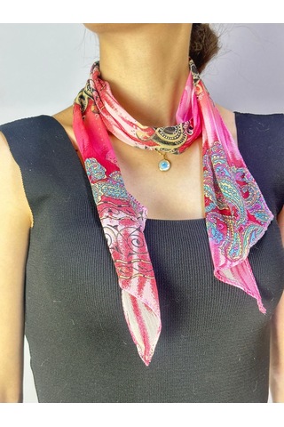 Gönülden Tasarım 110x15 Cm Etnik Desenli Kadın Fular Boyun Bağı Pembe