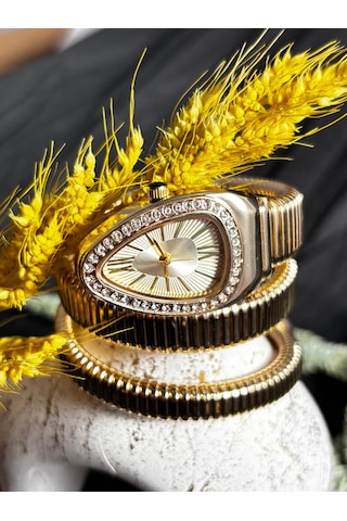 Yafani Gold Gümüş Yılan Model Kadın Saati Altın