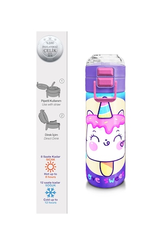 Coral High Kids Renkli Batik Unicorn Dondurma Desenli Pipetli Ve Direkt İçim Çelik Termos 500 Ml 31801 1 Kat Pembe