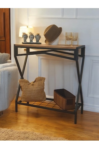 Metal Dresuar Ahşap Raflı Stand Çok Amaçlı Salon Ve Hol Rafı Siyah