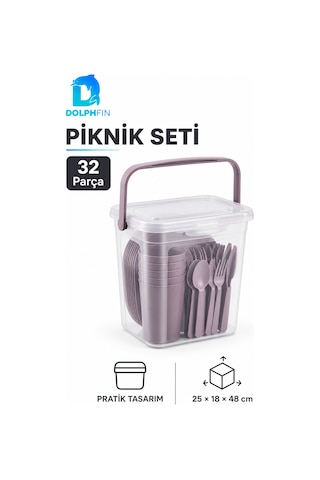 Piknik Seti 32 Parça 6 Kişilik Taşıma Kutulu Plastik Tabak Çatal Kaşık Seti Çok renkli