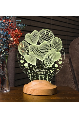 Kişiye Özel Doğum Günü 3D Smiley Kalpler Led Lamba