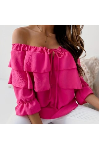 Yaz Kadın T-shirt Tek Boyun Şifon Gömlek Kadın Elastik Omuz Kravat Fırfır Üstleri Rahat Gevşek Orta Kollu Kırmızı