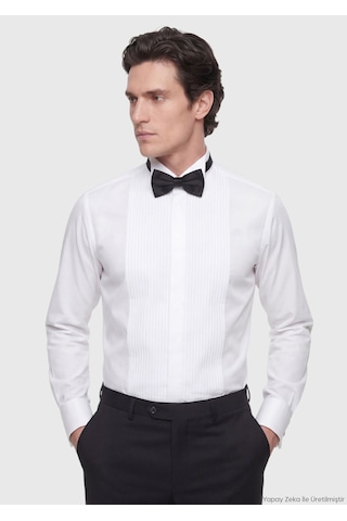 Ramsey Beyaz Düz Slim Fit Duble Manşet Smokin Gömlek beyaz white