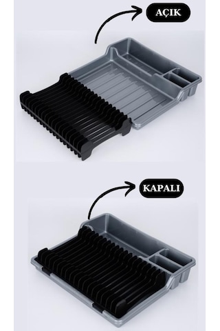 Flosoft Katlanır Bulaşıklık, Kaşıklık Bölmeli Tabaklık Kurutmalık Gri