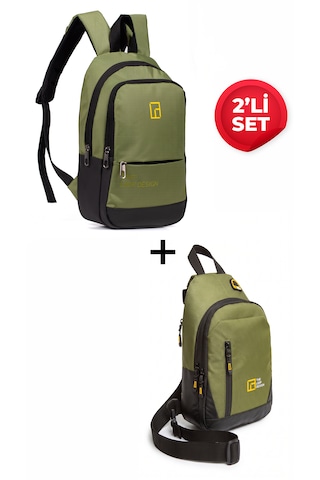 Esvelans Unisex Mini Sırt Çantası Ve Çapraz Askılı Göğüs Omuz Çantası Body Bag Set Haki