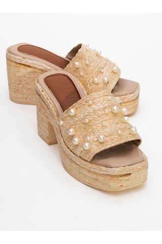 Luvishoes Luvi Shoes Rayne Bej Hasır İncili Kadın Platform Topuklu Terlik Bej
