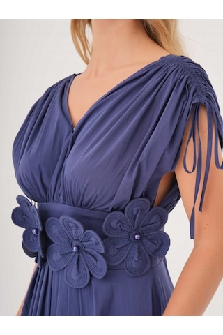 Kadın Bel Detaylı Kısa Kollu Elbise Çiçek Aplikeli, Büzgü Ve Bağcık Detaylı, %100 Pamuk Lacivert