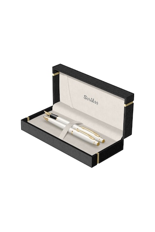 Scrikss Isminize Özel 35 Beyaz Altın Tükenmez+Dolma Kalem Set