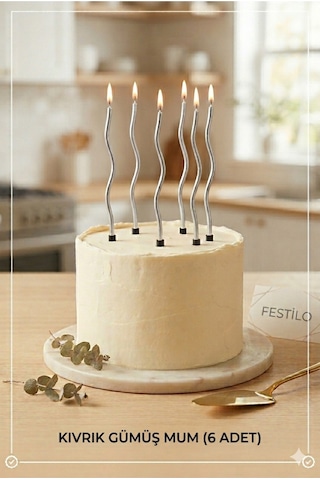 6 Lı Kıvrımlı Mum Gümüş Pasta Süsü Spiral Mum Pasta Mumları 16 Cm